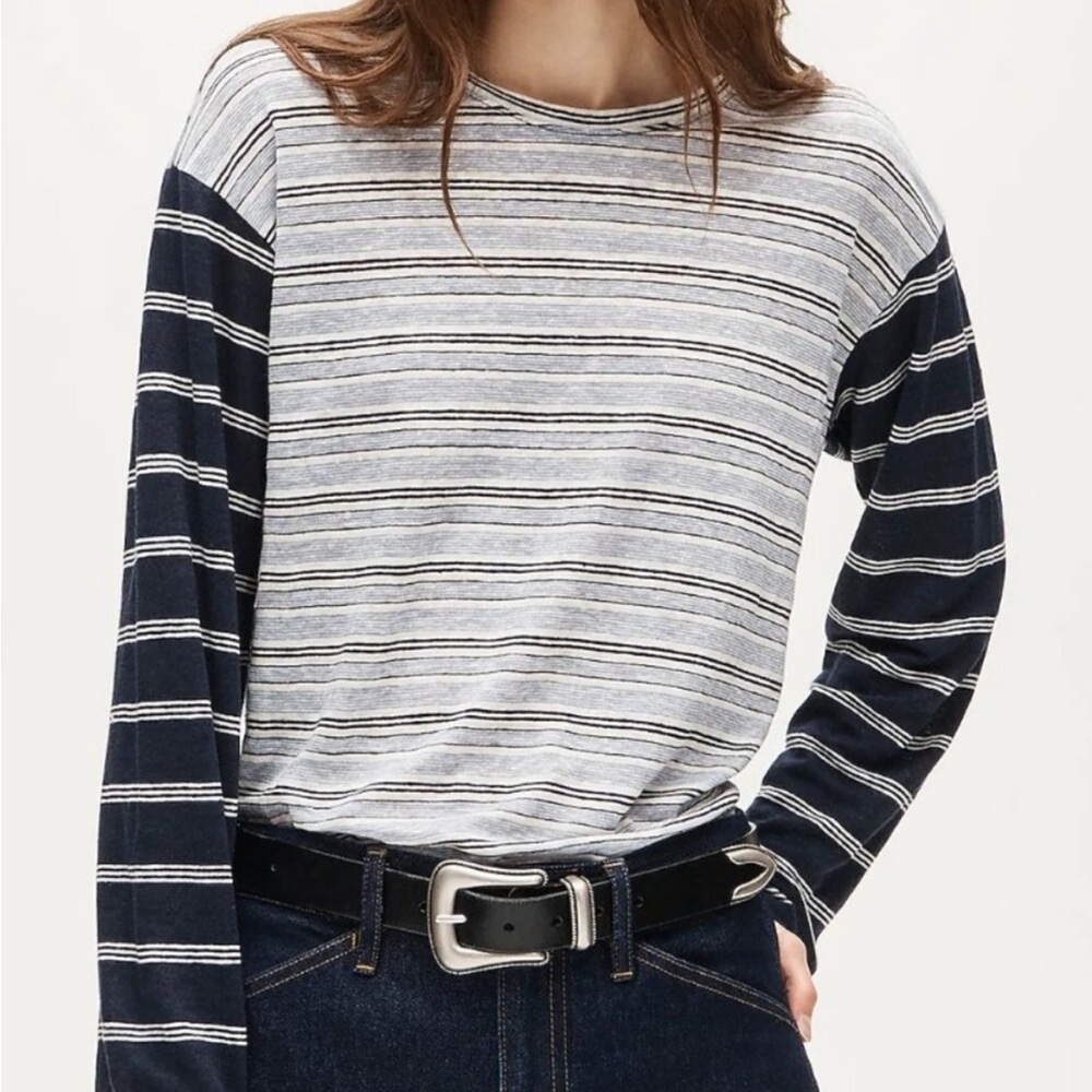 J. Crew Relaxed Linen Long-sleeve T-shirt Blue Stripes Small